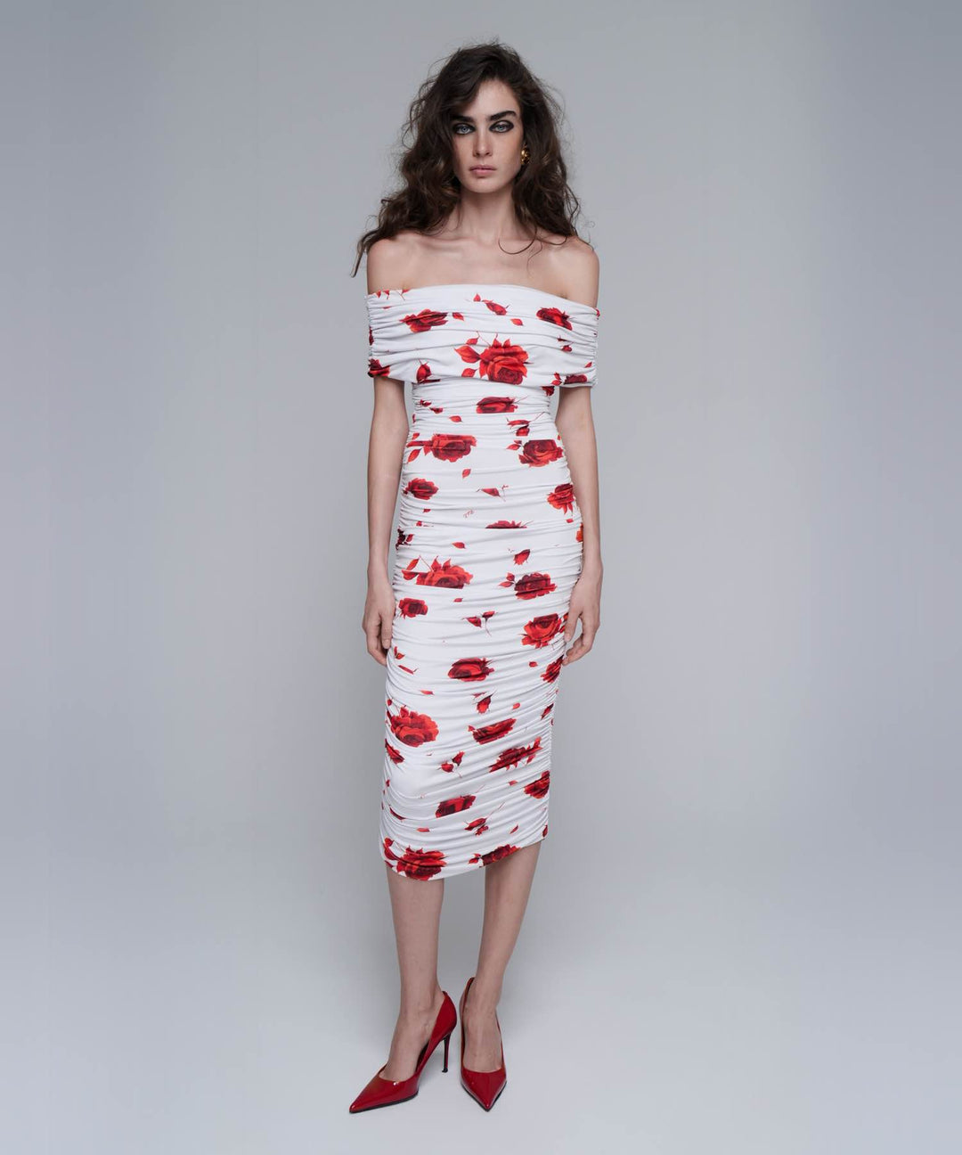 IREN, MIDI DRESS MADE OF IVORY BIFLEX WITH RED FLOWERS