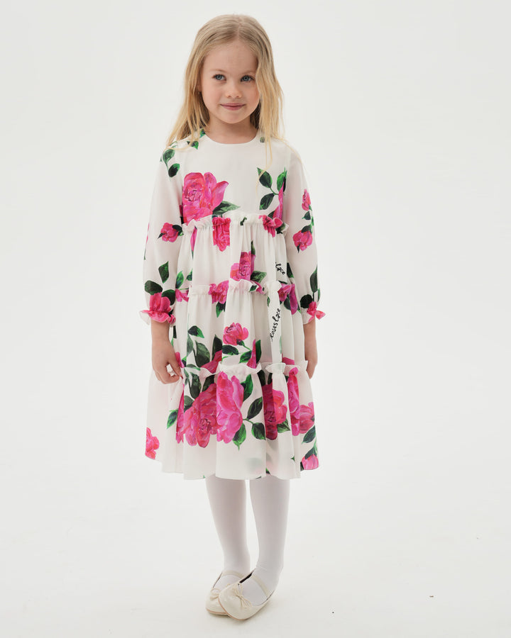 ALISA, CHILDREN’S DRESS MILKY WITH CRIMSON ROSE PRINT