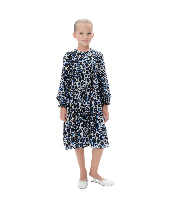 ALISA, CHILDREN DRESS MILKY CREPE DE CHINE WITH MEDIUM BLACK FLOWERS