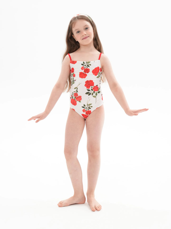 LETTA, REVERSIBLE ONE-PIECE CHILDREN'S SWIMSUIT, MILKY WHITE WITH MEDIUM RED FLOWERS / RED