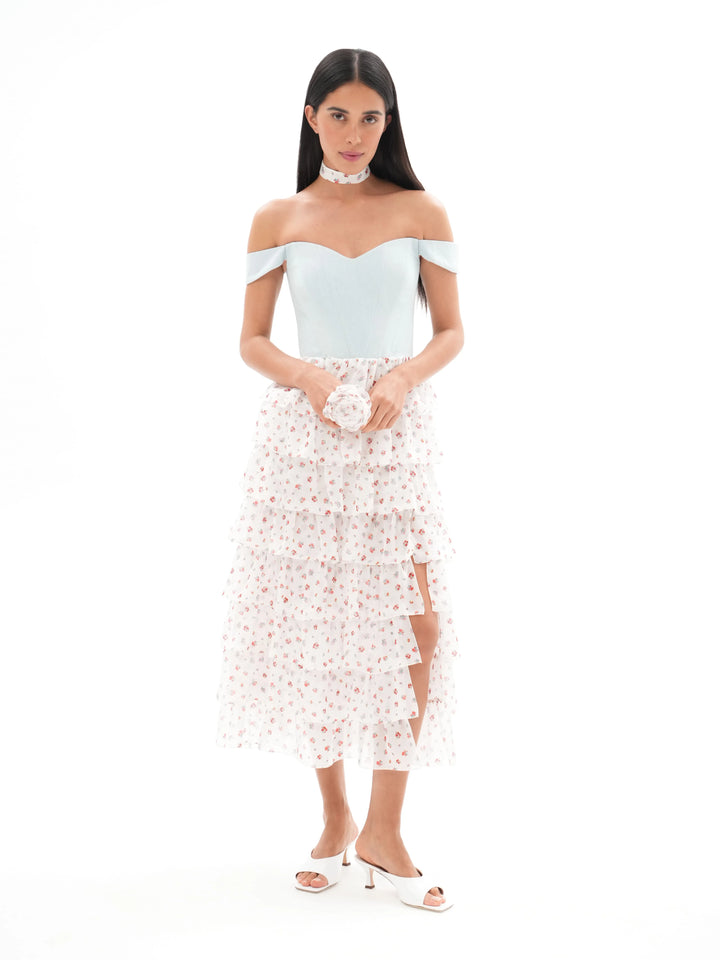 LISEN, A CORSET MIDI DRESS IN CREAMY WHITE ADORNED WITH DELICATE RED FLOWERS