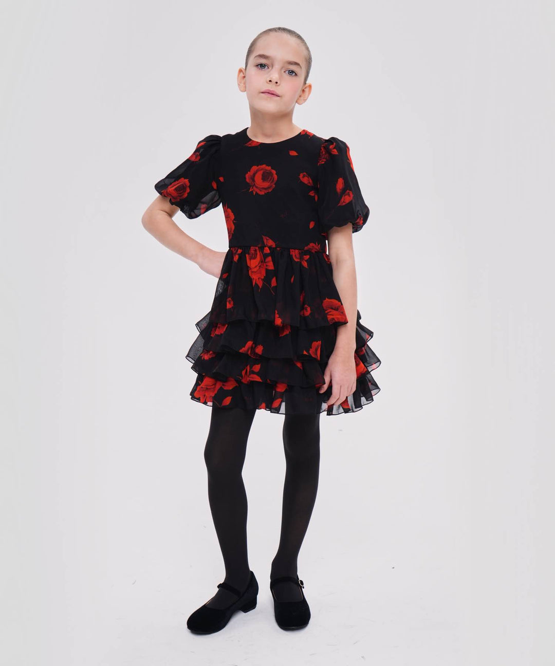 FIFI, CHILDREN'S DRESS MADE OF BLACK CHIFFON WITH RED FLOWERS