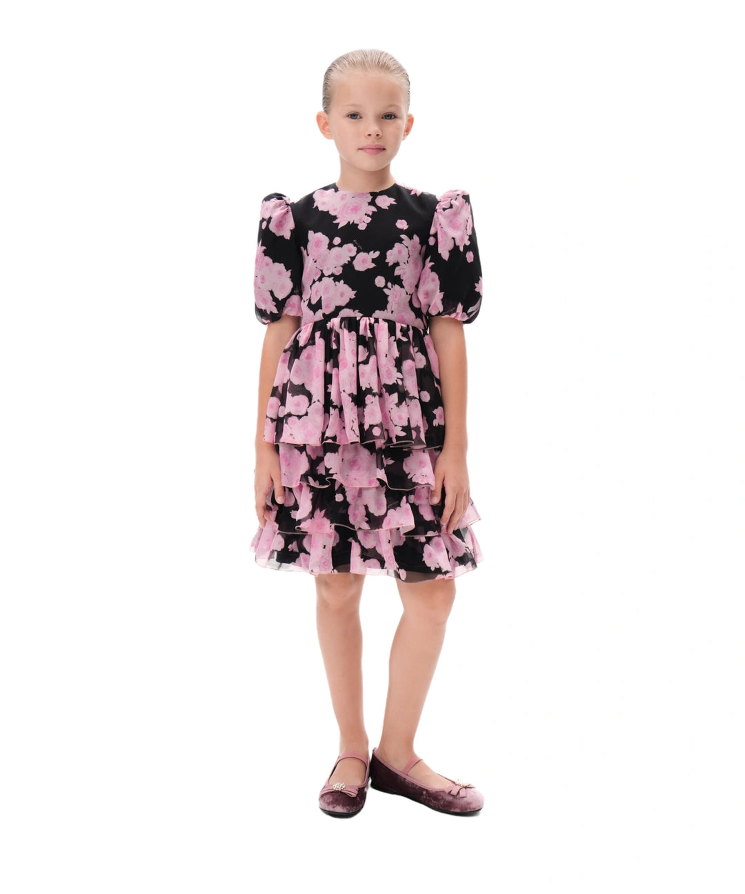 FIFI, CHILDREN DRESS BLACK CHIFFON WITH PINK FLOWERS