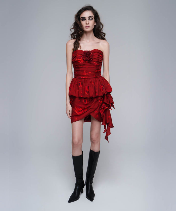 LOREEN, MINI SKIRT MADE OF BURGUNDY CHIFFON WITH RED FLOWERS