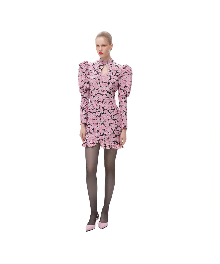 GIANNETTA MINI, BLACK CREPE DE CHINE MINI DRESS WITH MEDIUM PINK FLOWERS