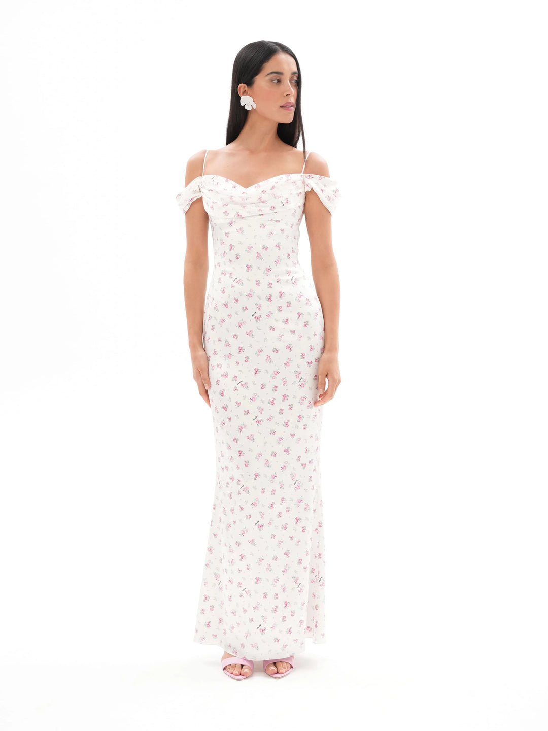 MARLEN, AN MILK WHITE MAXI DRESS WITH SHORT SLEEVES, ADORNED WITH SMALL RASPBERRY FLOWERS