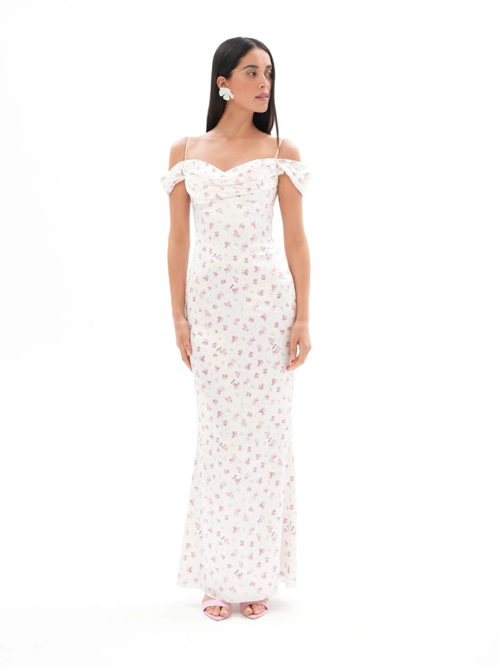 MARLEN, AN MILK WHITE MAXI DRESS WITH SHORT SLEEVES, ADORNED WITH SMALL RASPBERRY FLOWERS