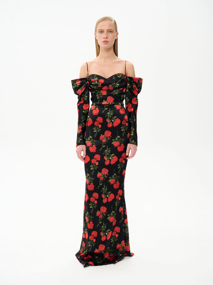 MARLEN, MAXI DRESS BLACK WITH RED ROSE PRINT