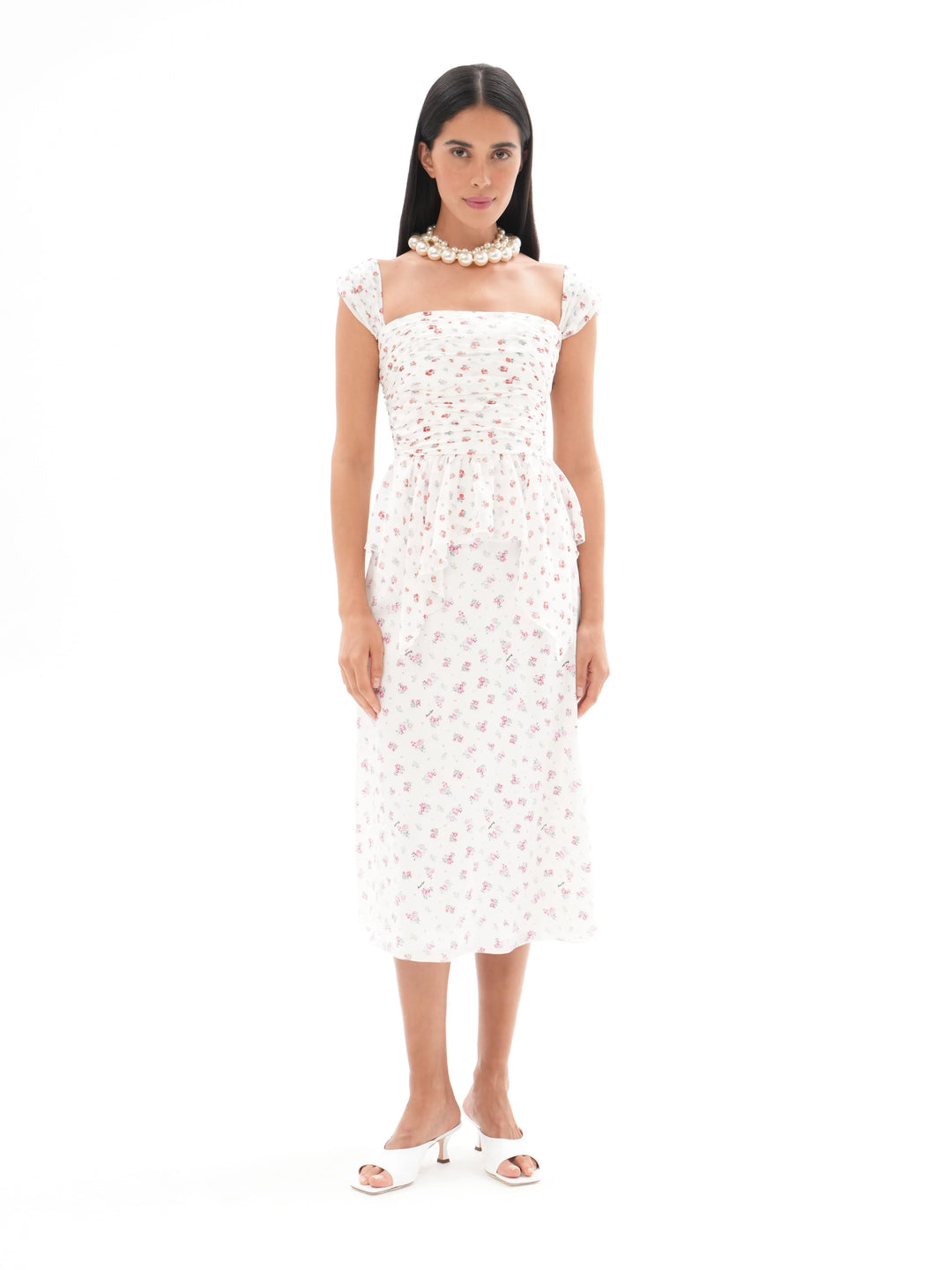 KERRY, MIDI SKIRT, MILKY WHITE WITH SMALL RASPBERRY FLOWERS