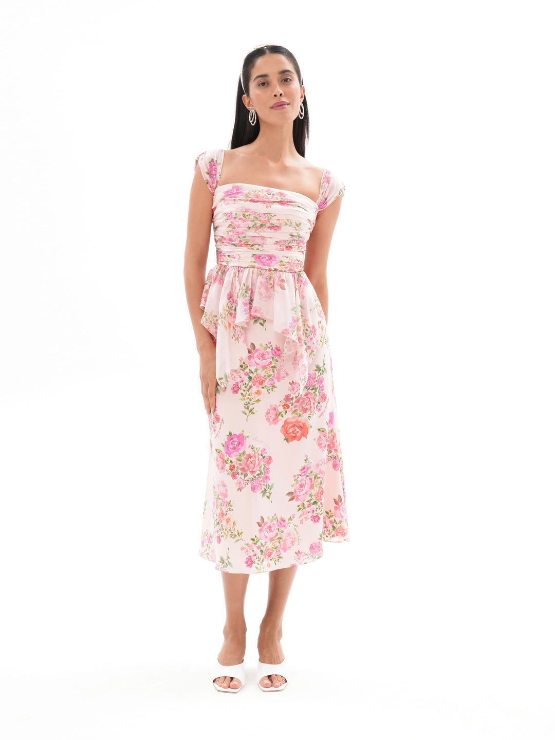 KERRY, MIDI SKIRT, BABY PINK WITH MEDIUM PINK FLOWERS