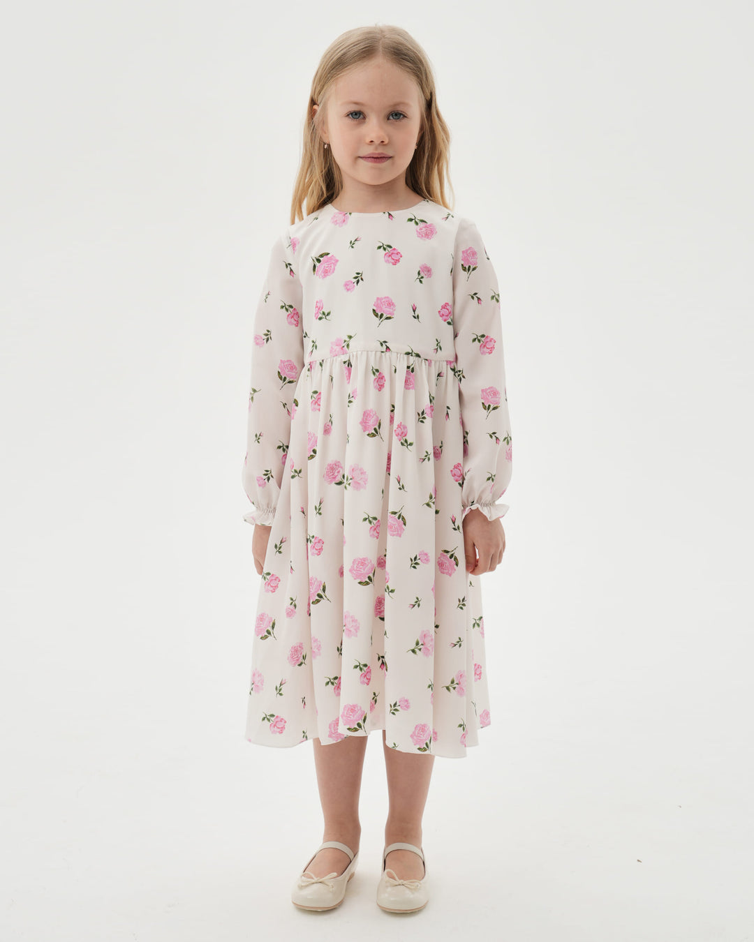 EVA, CHILDREN’S DRESS MILKY WITH PINK ROSE PRINT