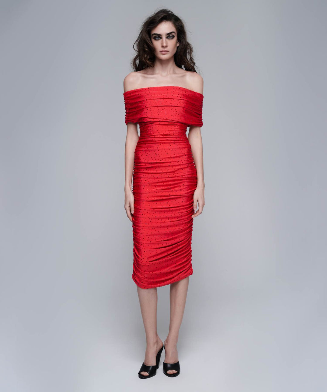 IREN, MIDI DRESS MADE OF RED BIFLEX WITH RHINESTONES