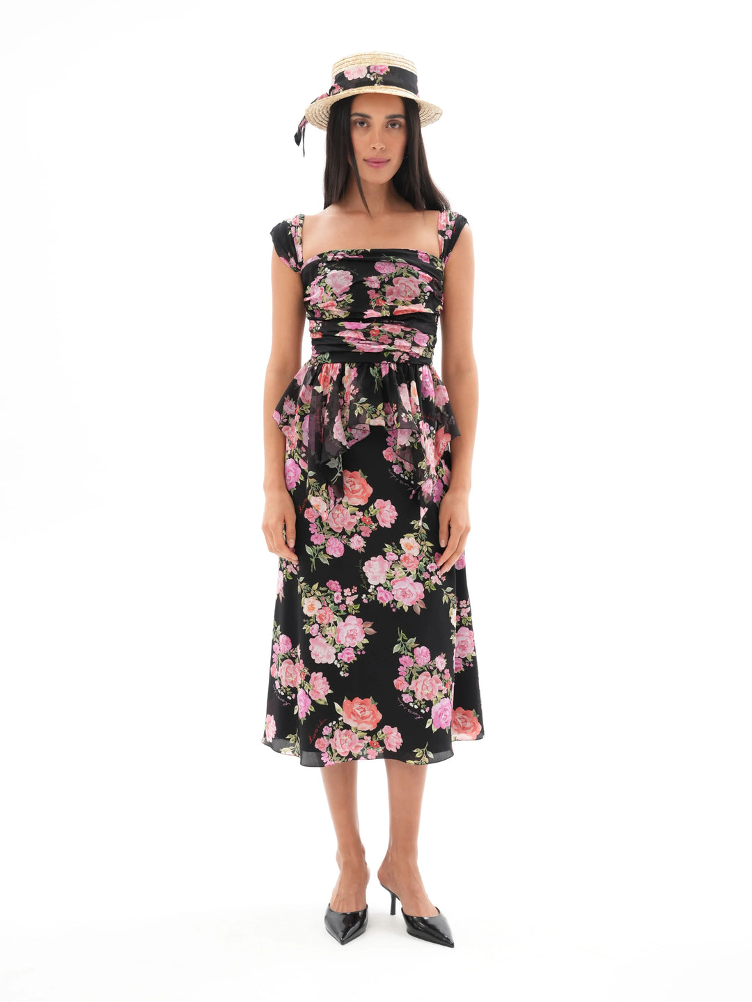 KERRY, MIDI SKIRT, BLACK WITH MEDIUM PINK FLOWERS