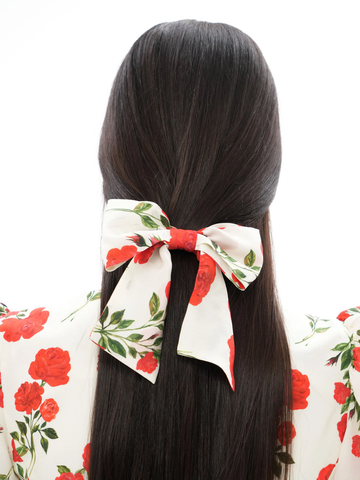 MIRELLA, MILKY WHITE BOW HAIR CLIP WITH MEDIUM RED FLOWERS