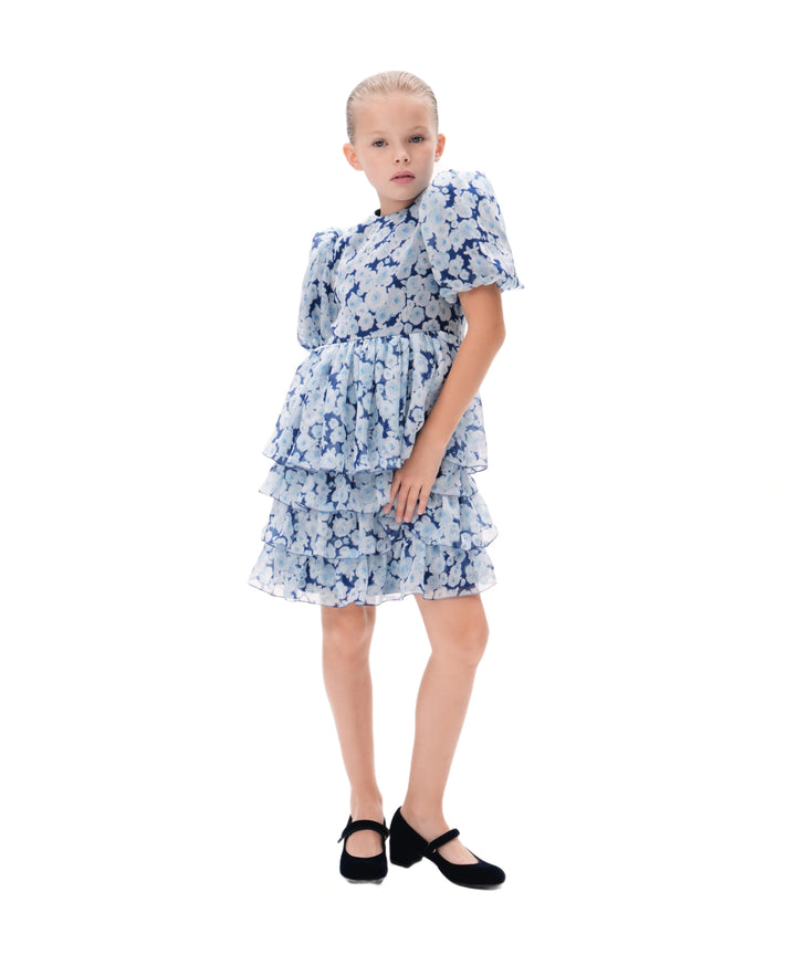 FIFI, CHILDREN DRESS BLUE CHIFFON WITH MEDIUM LIGHT BLUE FLOWERS