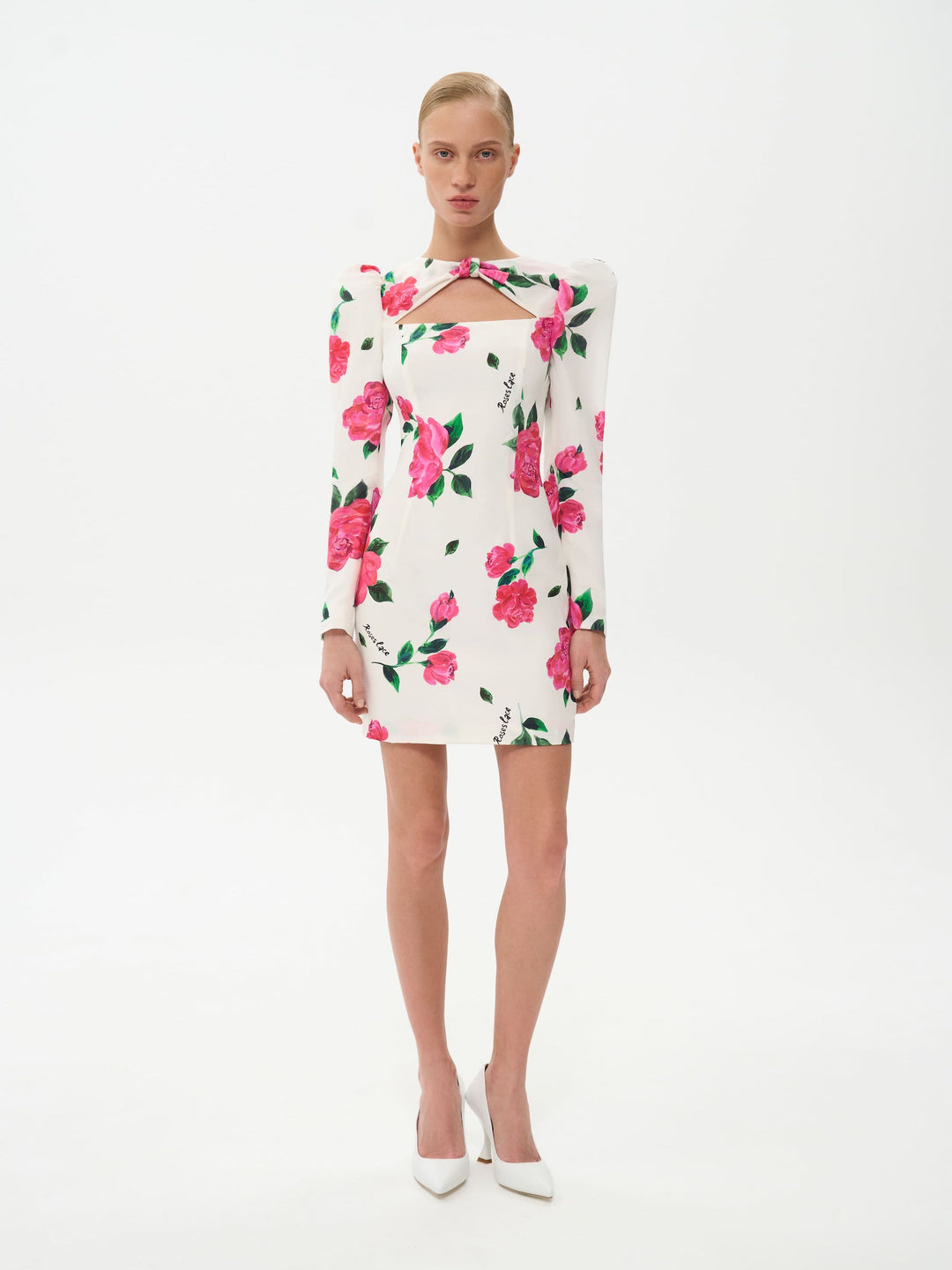 DIFINA, MINI DRESS MILKY WITH CRIMSON ROSE PRINT