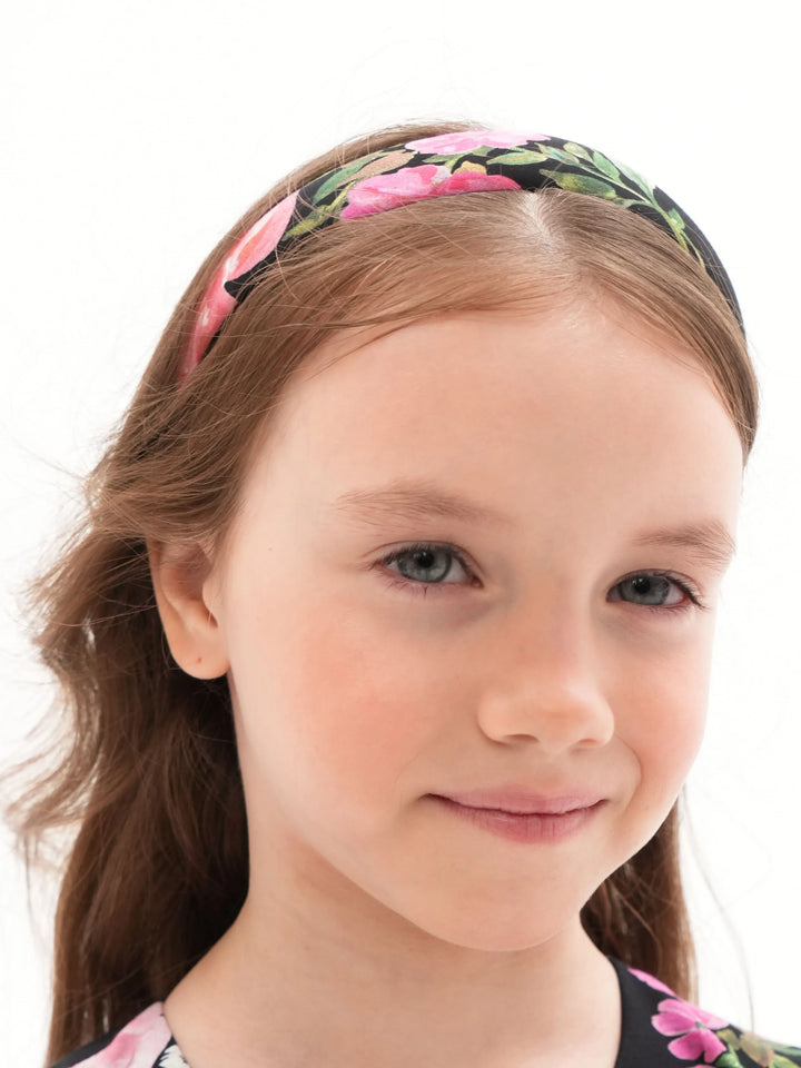 NOEMI, BLACK CHILDREN'S HEADBAND WITH MEDIUM PINK FLOWERS