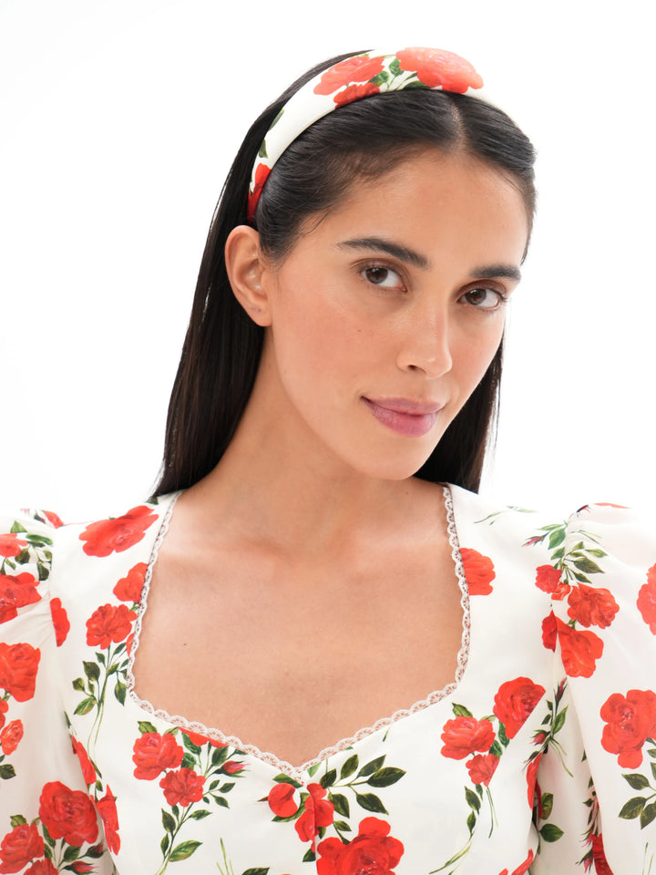 NOELIA, MILKY WHITE HEADBAND WITH MEDIUM RED FLOWERS