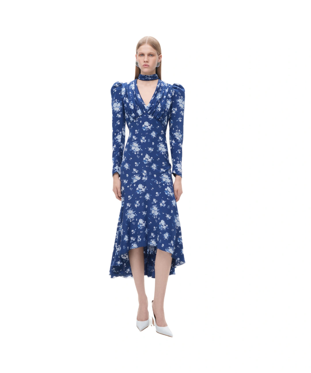 BEAH, BLUE CREPE DE CHINE MIDI DRESS WITH MEDIUM BLUE FLOWERS