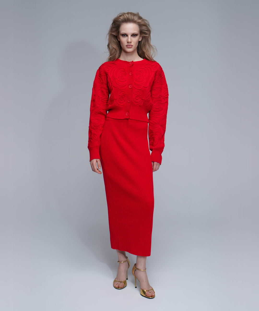 MARYL-DONNA, KNITTED SET, SWEATER AND SKIRT MADE OF RED COTTON