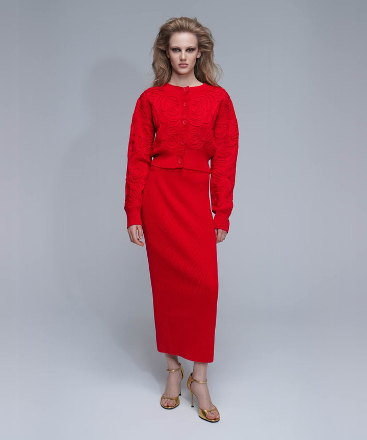 MARYL-DONNA, KNITTED SET, SWEATER AND SKIRT MADE OF RED COTTON