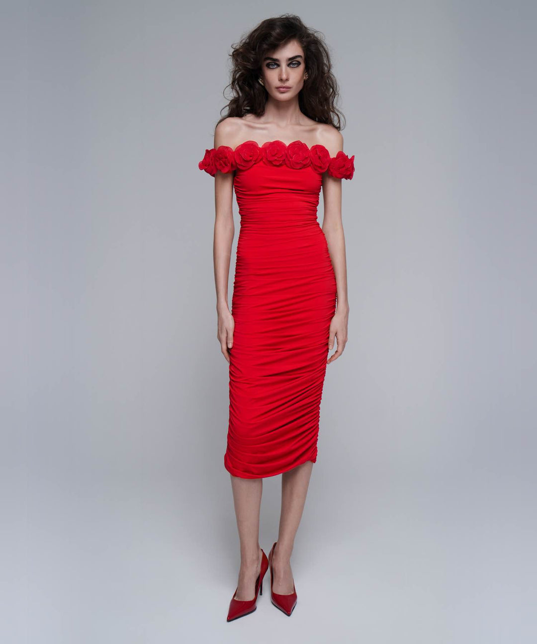 FLORENCE, MIDI DRESS MADE OF RED BIFLEX