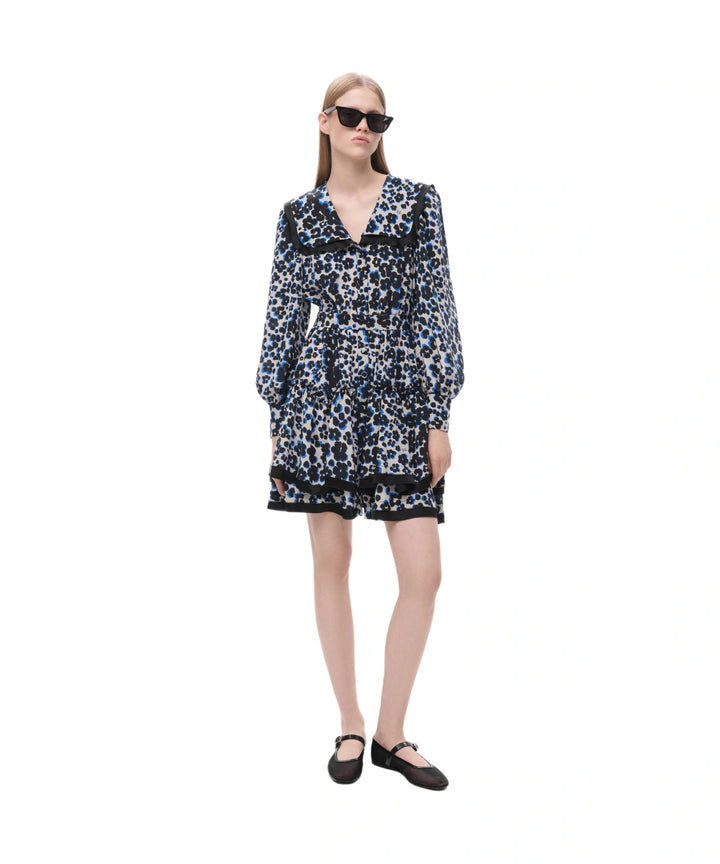 AUSTRA, MILKY CREPE DE CHINE MINI DRESS WITH MEDIUM BLACK FLOWERS