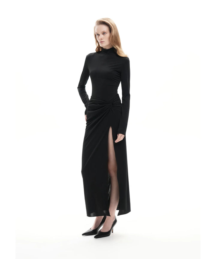 MADELINE, BLACK BIFLEX MIDI DRESS WITH SLIT