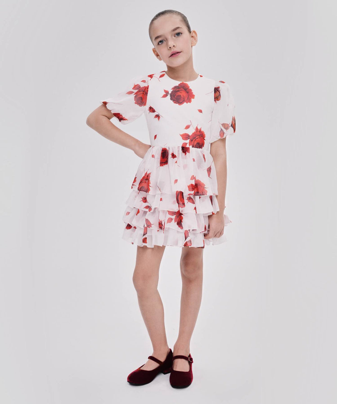 FIFI, CHILDREN'S DRESS MADE OF IVORY CHIFFON WITH RED FLOWERS