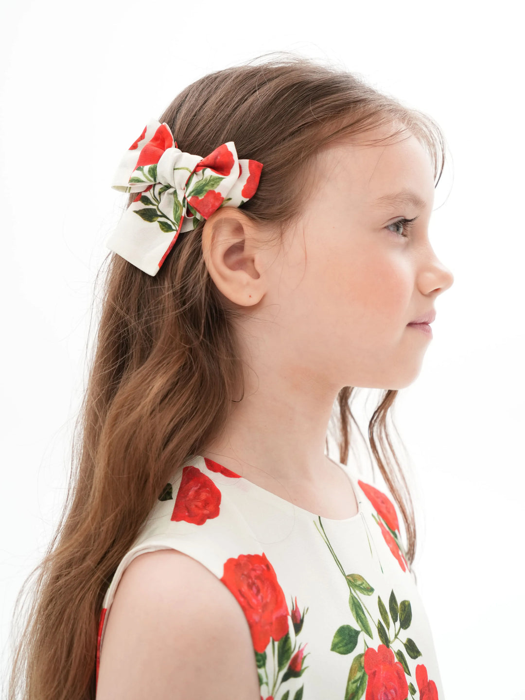 MIMI, CHILDREN'S BOW HAIR CLIPS MILKY WHITE PINK WITH MEDIUM RED FLOWERS