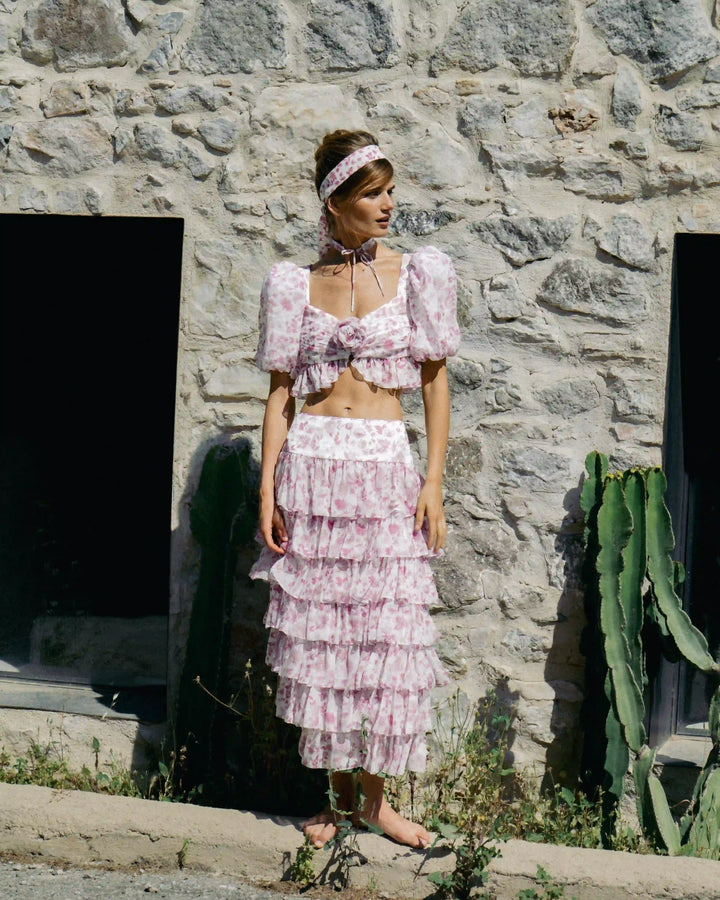 Carmelita, midi skirt with ruffles made of ivory chiffon with medium light pink flowers