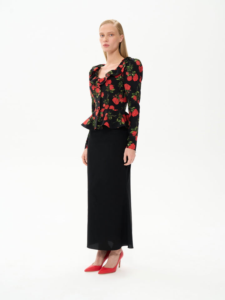 RI, BLOUSE JACKET BLACK WITH WITH RED ROSE PRINT