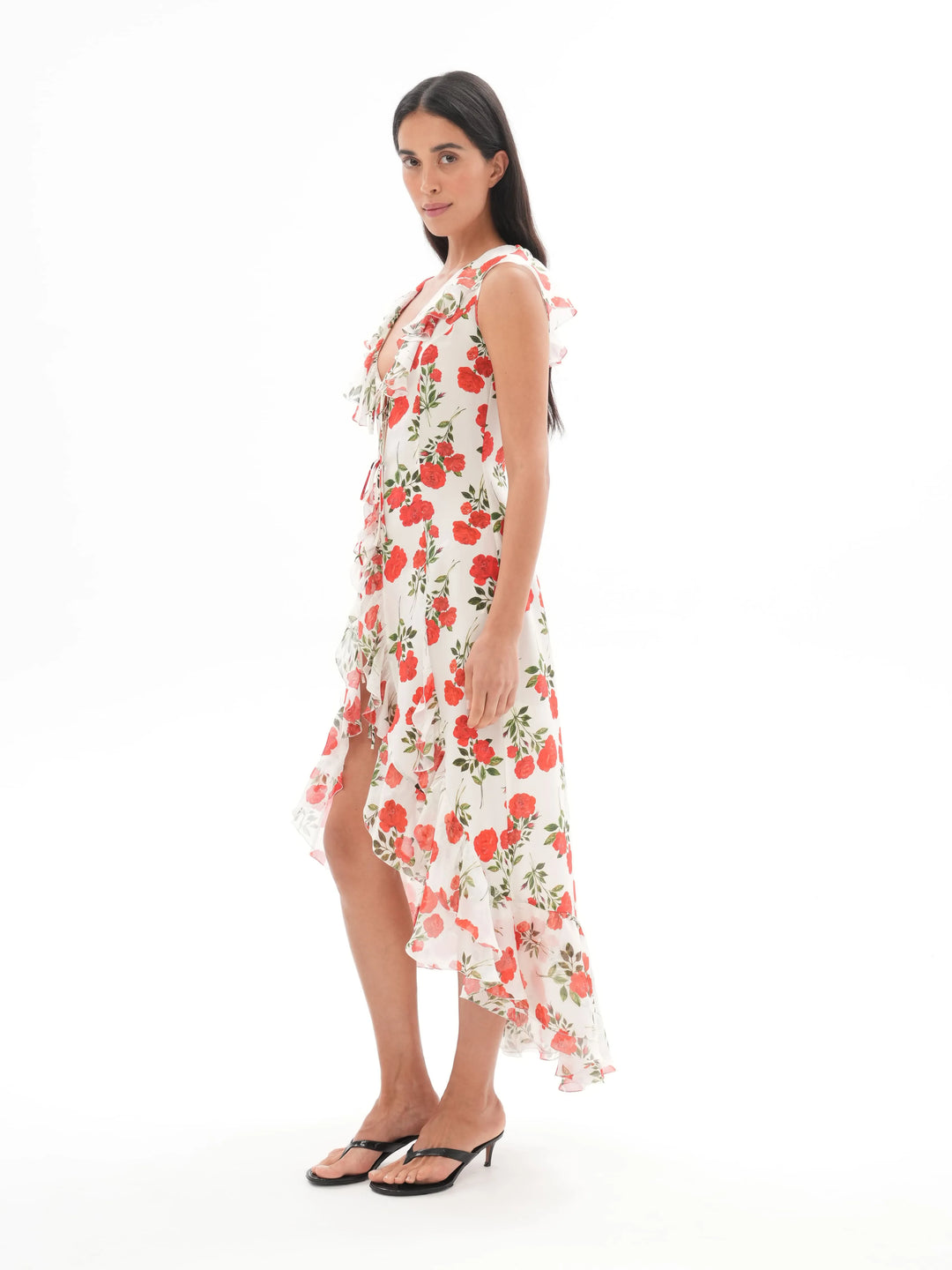 ANNA, A SILK BEACH MIDI DRESS WITH RUFFLES, IN CREAMY WHITE ADORNED WITH DELICATE RED FLOWERS