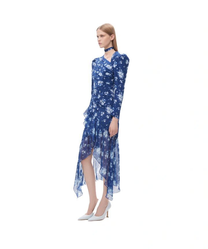 ORLENE, BLUE CREPE DE CHINE AND CHIFFON MIDI DRESS WITH MEDIUM BLUE FLOWERS