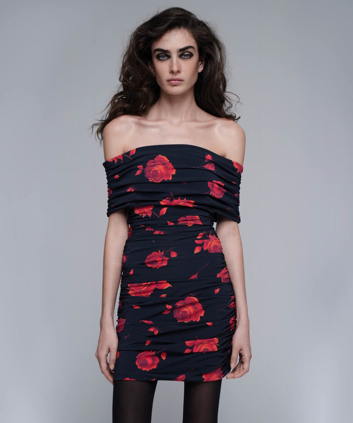 IREN MINI, MINI DRESS MADE OF BLACK BIFLEX WITH RED FLOWERS