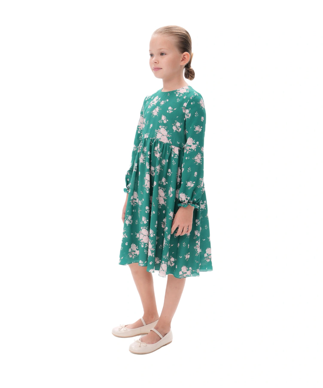 EVA, CHILDREN DRESS GREEN CREPE DE CHINE WITH MEDIUM LIGHT PINK FLOWERS