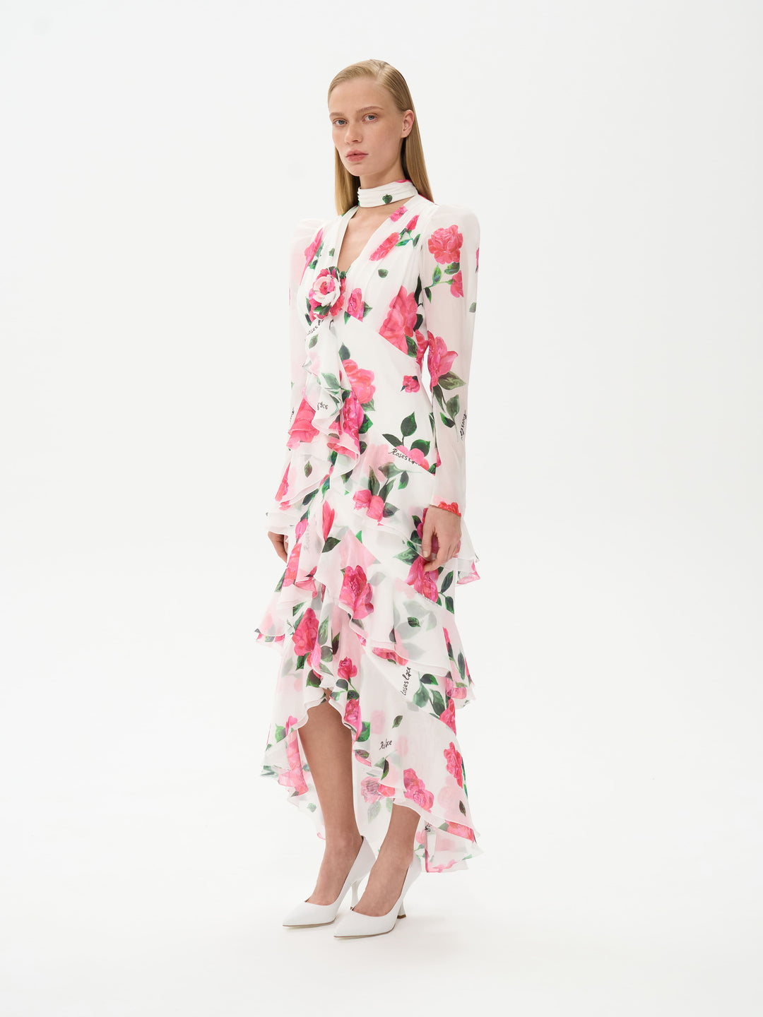 BEATRICE, MIDI DRESS MILKY WITH CRIMSON ROSE PRINT