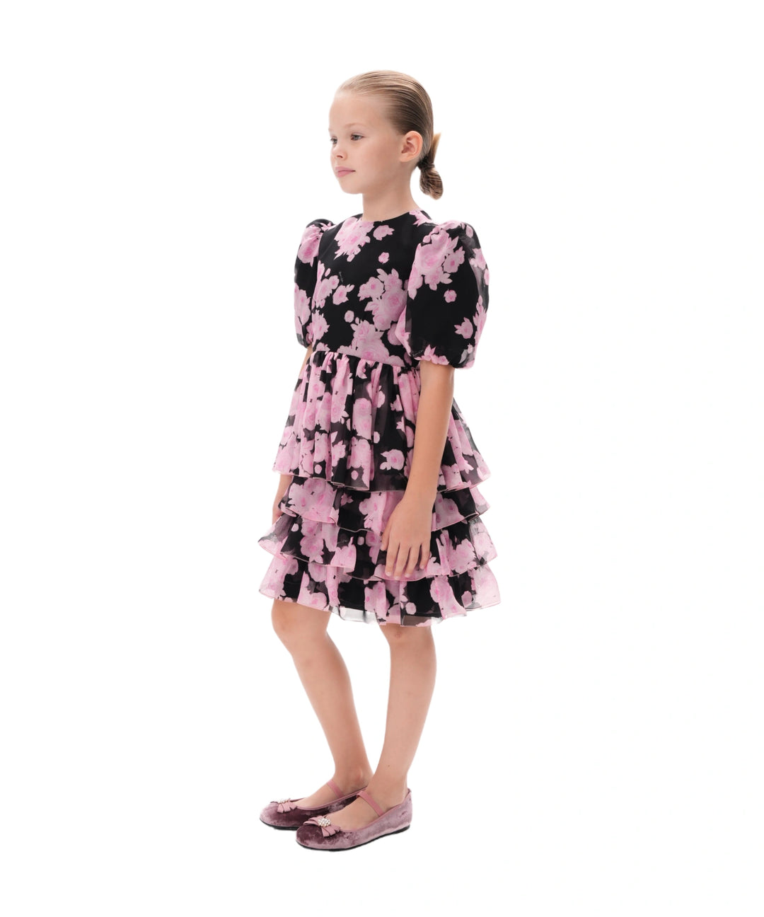 FIFI, CHILDREN DRESS BLACK CHIFFON WITH PINK FLOWERS