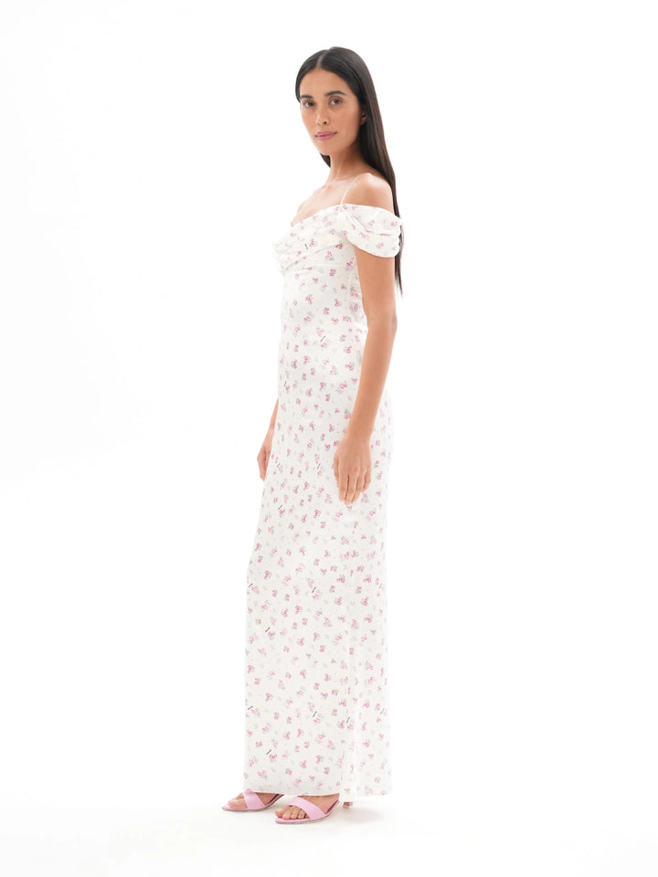 MARLEN, AN MILK WHITE MAXI DRESS WITH SHORT SLEEVES, ADORNED WITH SMALL RASPBERRY FLOWERS