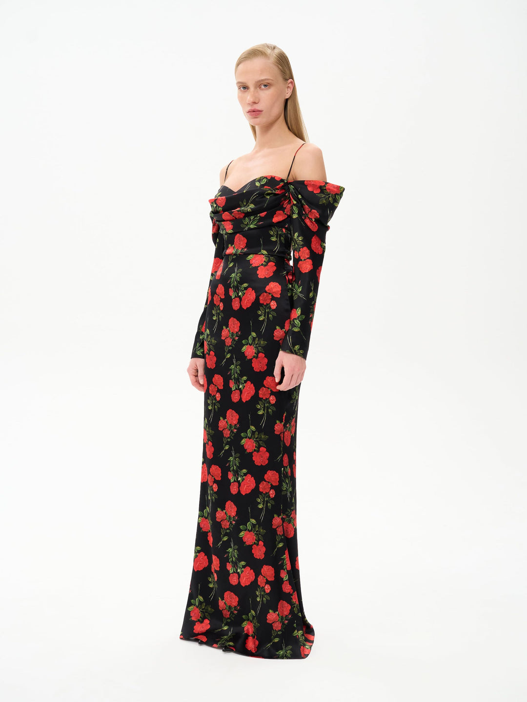 MARLEN, MAXI DRESS BLACK WITH RED ROSE PRINT