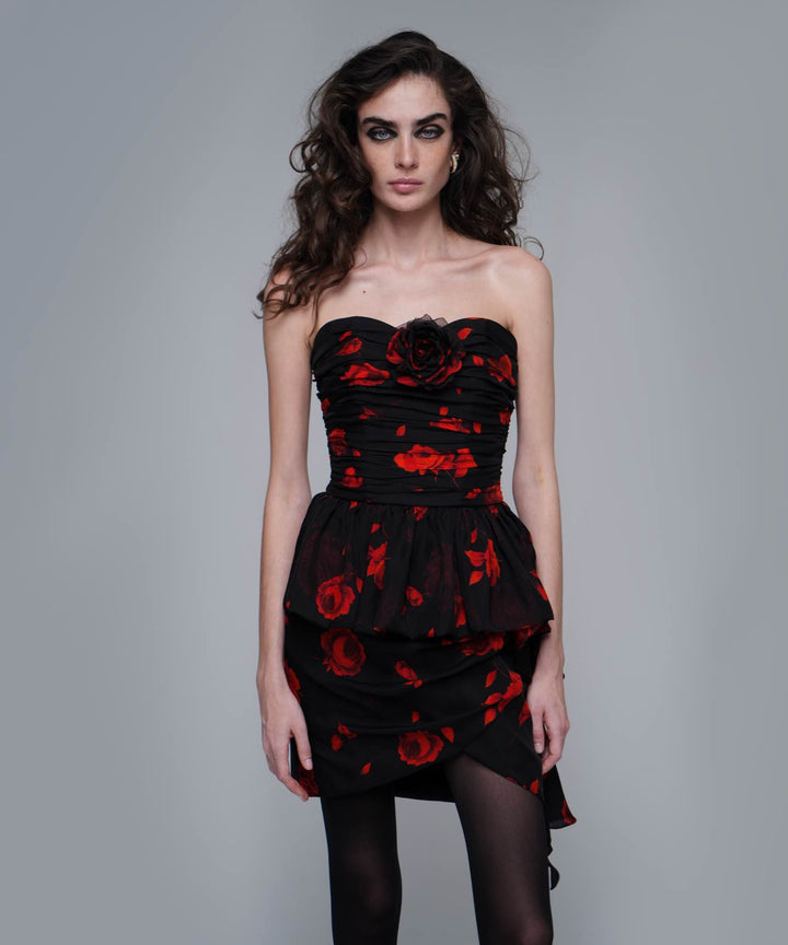 ROSALIE, CORSET TOP MADE OF BLACK CHIFFON WITH RED FLOWERS