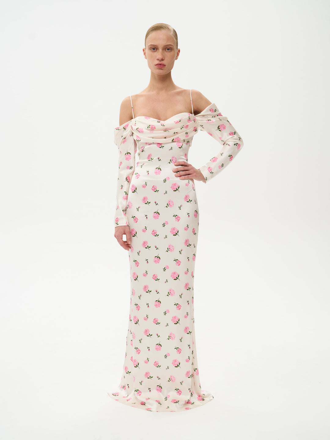 MARLEN, MAXI DRESS MILKY WITH PINK ROSE PRINT