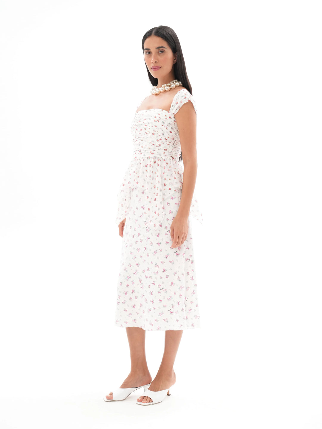 KERRY, MIDI SKIRT, MILKY WHITE WITH SMALL RASPBERRY FLOWERS