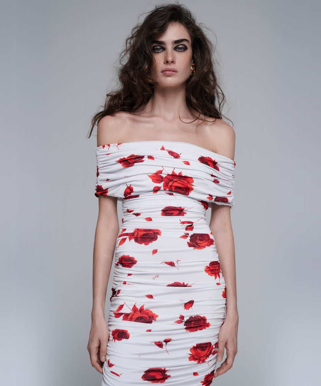 IREN, MIDI DRESS MADE OF IVORY BIFLEX WITH RED FLOWERS