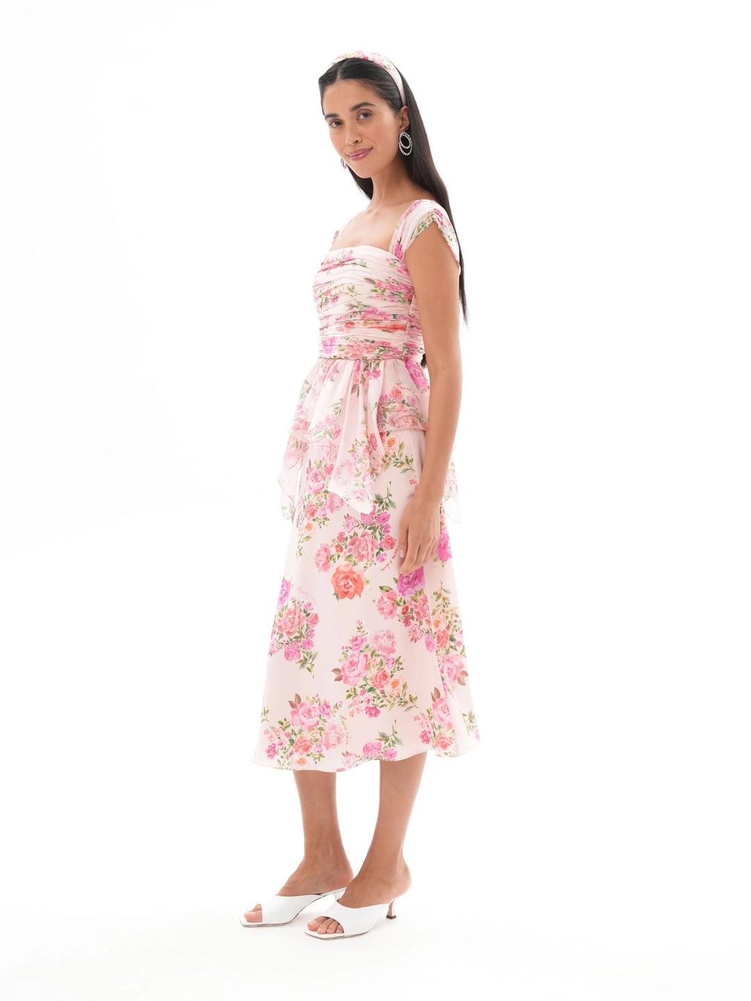 KERRY, MIDI SKIRT, BABY PINK WITH MEDIUM PINK FLOWERS