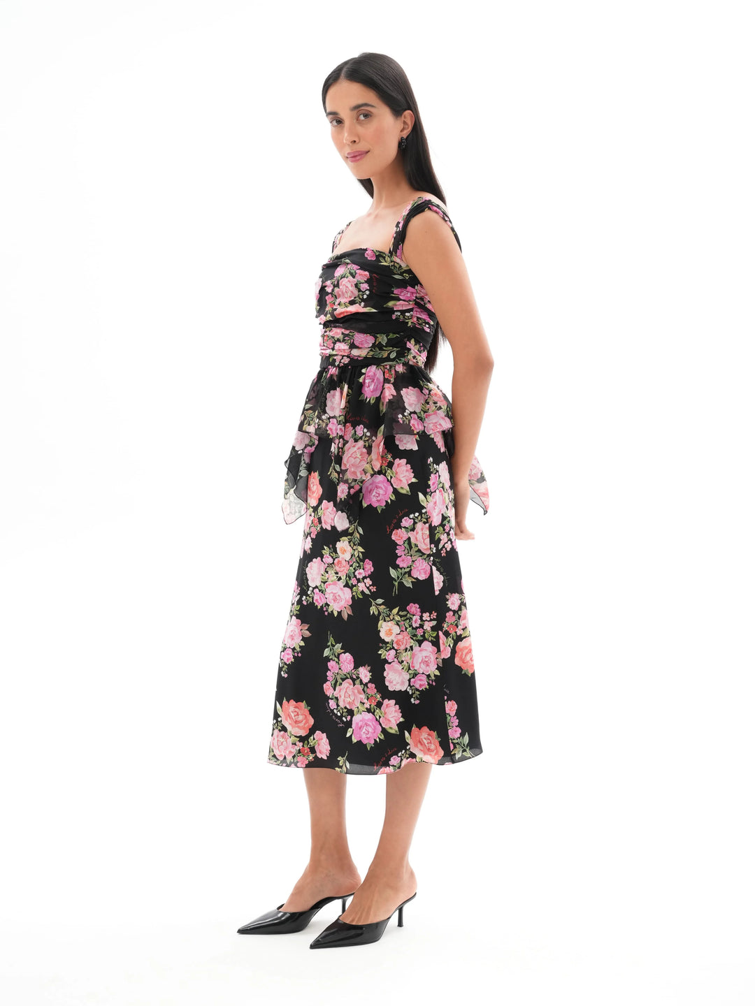 KERRY, MIDI SKIRT, BLACK WITH MEDIUM PINK FLOWERS