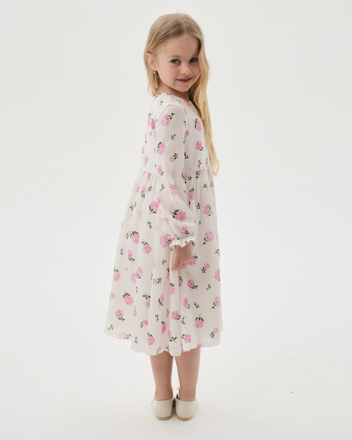 EVA, CHILDREN’S DRESS MILKY WITH PINK ROSE PRINT