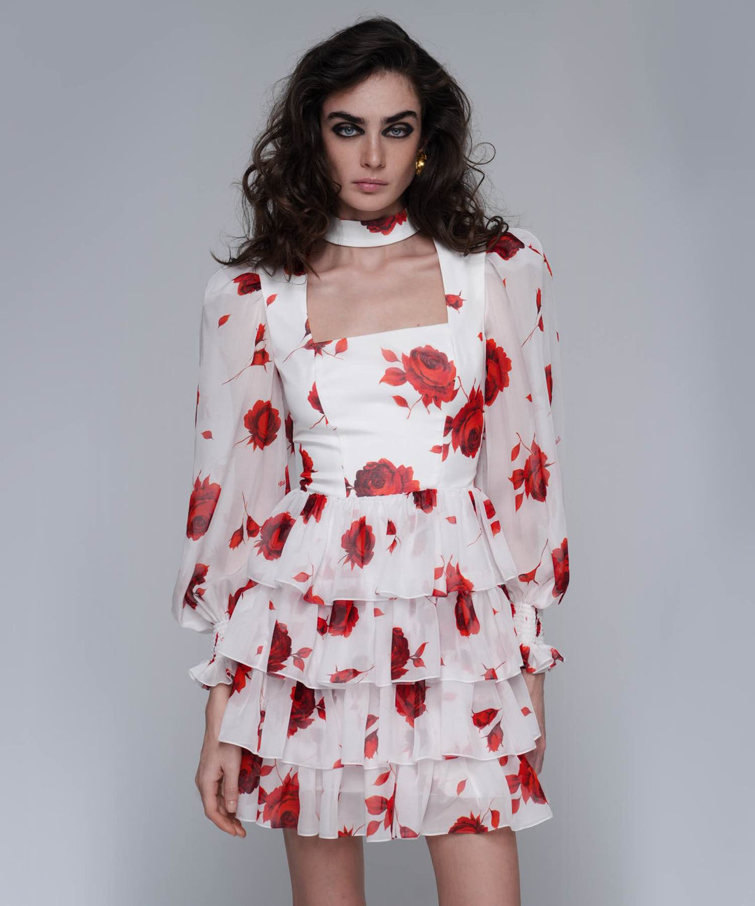 VALERIE MINI, MINI DRESS MADE OF IVORY CHIFFON WITH RED FLOWERS