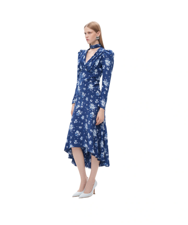 BEAH, BLUE CREPE DE CHINE MIDI DRESS WITH MEDIUM BLUE FLOWERS