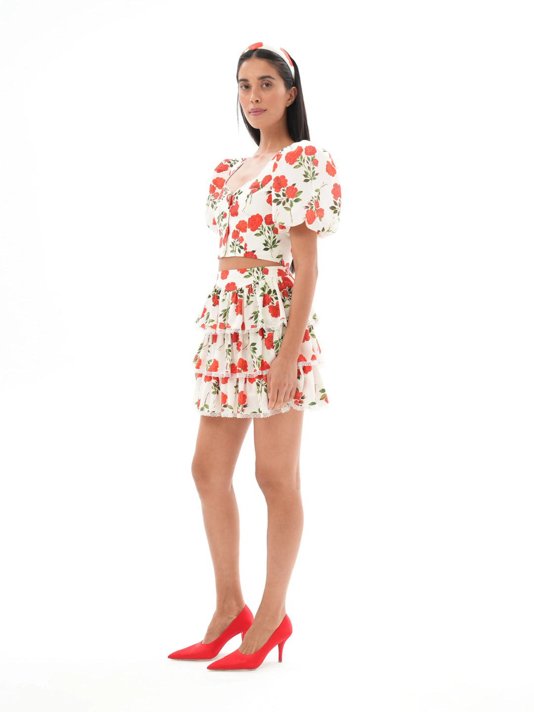 BETTY, MINI SKIRT WITH RUFFLES, MILKY WHITE WITH MEDIUM RED FLOWERS